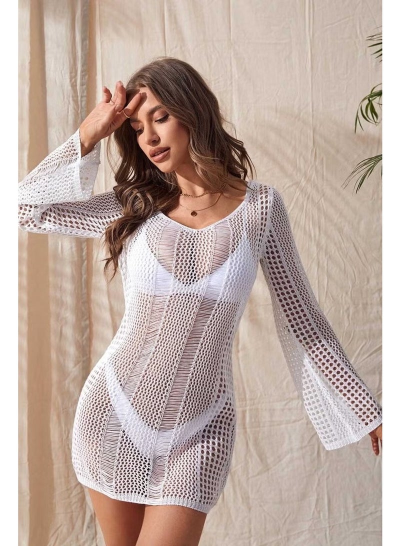 Angelsin Knitted Cotton Long Sleeve Pareo Beach Dress Kimono Kaftan - Image 1